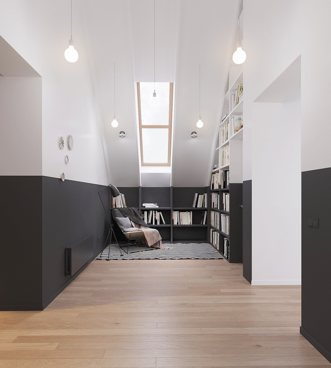 Idea piccola libreria con angolo lettura in bianco e nero stile nordico minimal