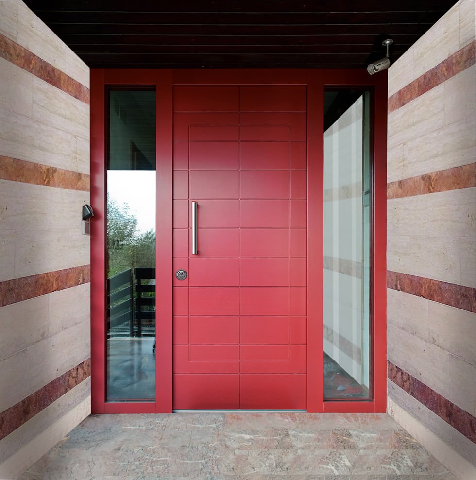 Portone blindato d'ingresso, colore rosso - laterali in vetro antiscasso - categoria porte blindate prezzo alto