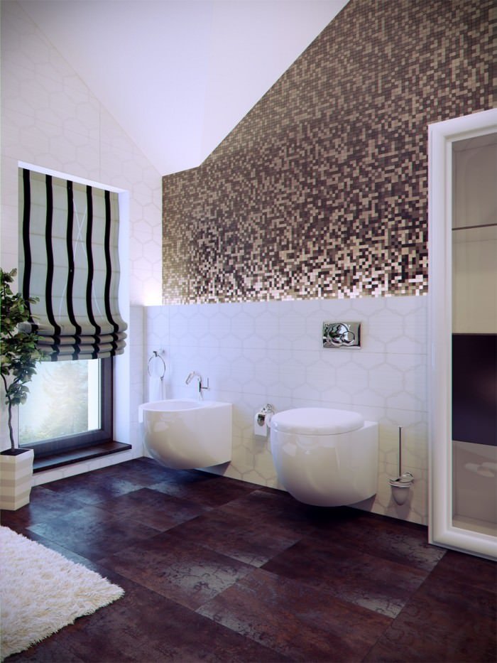 Movimento drammatico in questo bagno moderno creato attraverso l'uso di una miriade di piastrelle colorate posate in modo caotico