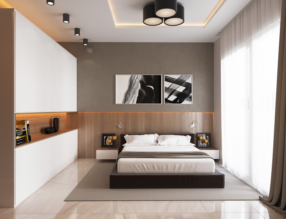 Camera da letto moderna, stile scandinavo che presenta un armonioso mix di colori e materiali - colori bianco, grigio tortora e marrone - illuminazione diffusa sul soffitto e strisce led lungo una nicchia