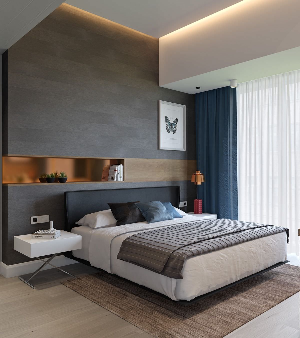 Camera da letto moderna con la testata della parete in legno - interessante illuminazione diffusa sul soffitto - colori naturali, bianco, marrone, nero e blu
