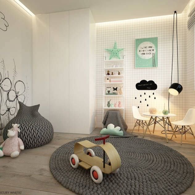 Cameretta bambini stile scandinavo moderno, semplice, allegra e ben illuminata - luce diffusa sul soffitto