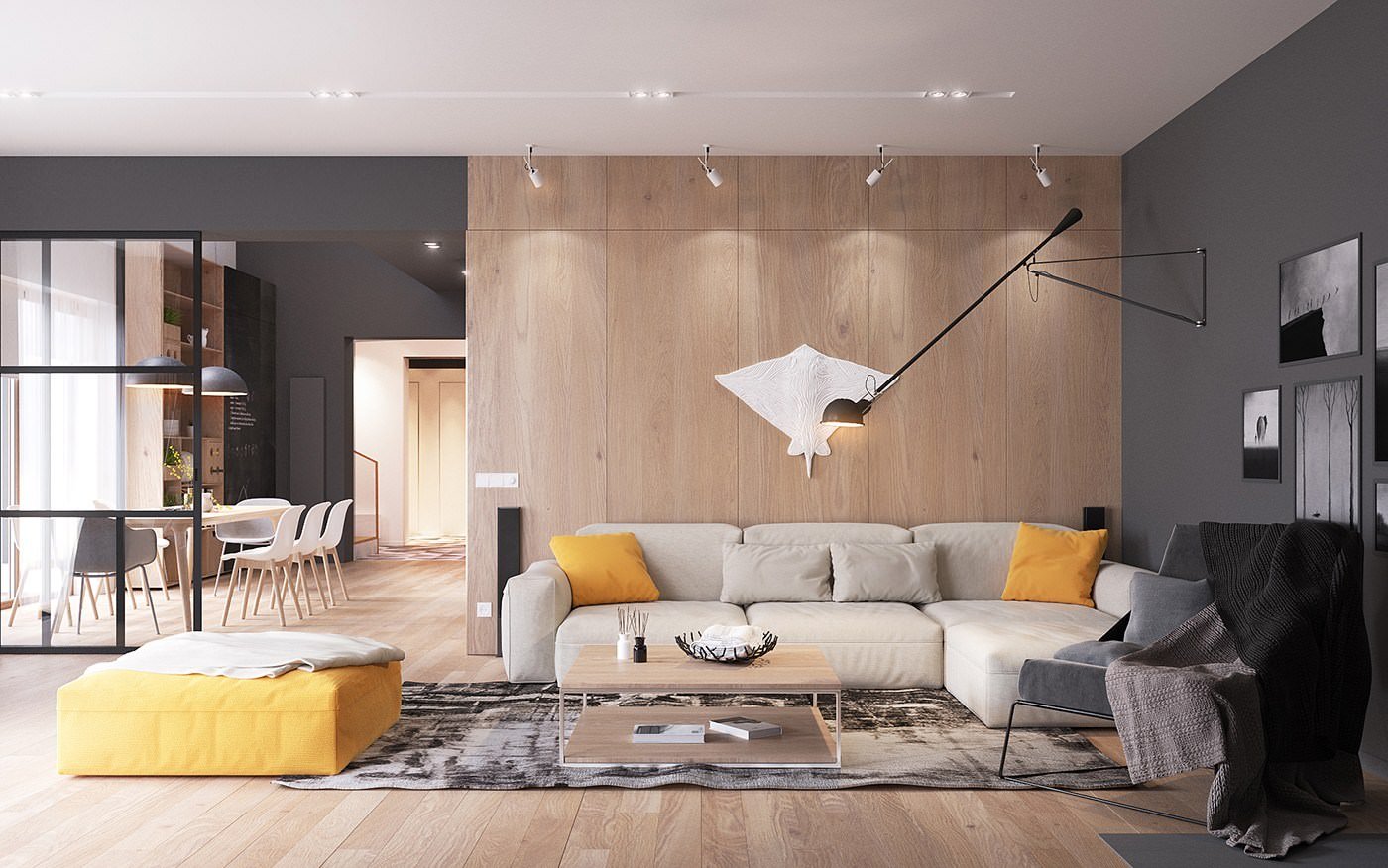 Idea soggiorno scandinavo moderno con accenti di colore giallo in un contesto grigio neutro e rivestimento in legno chiaro - idee arredamento scandinavo