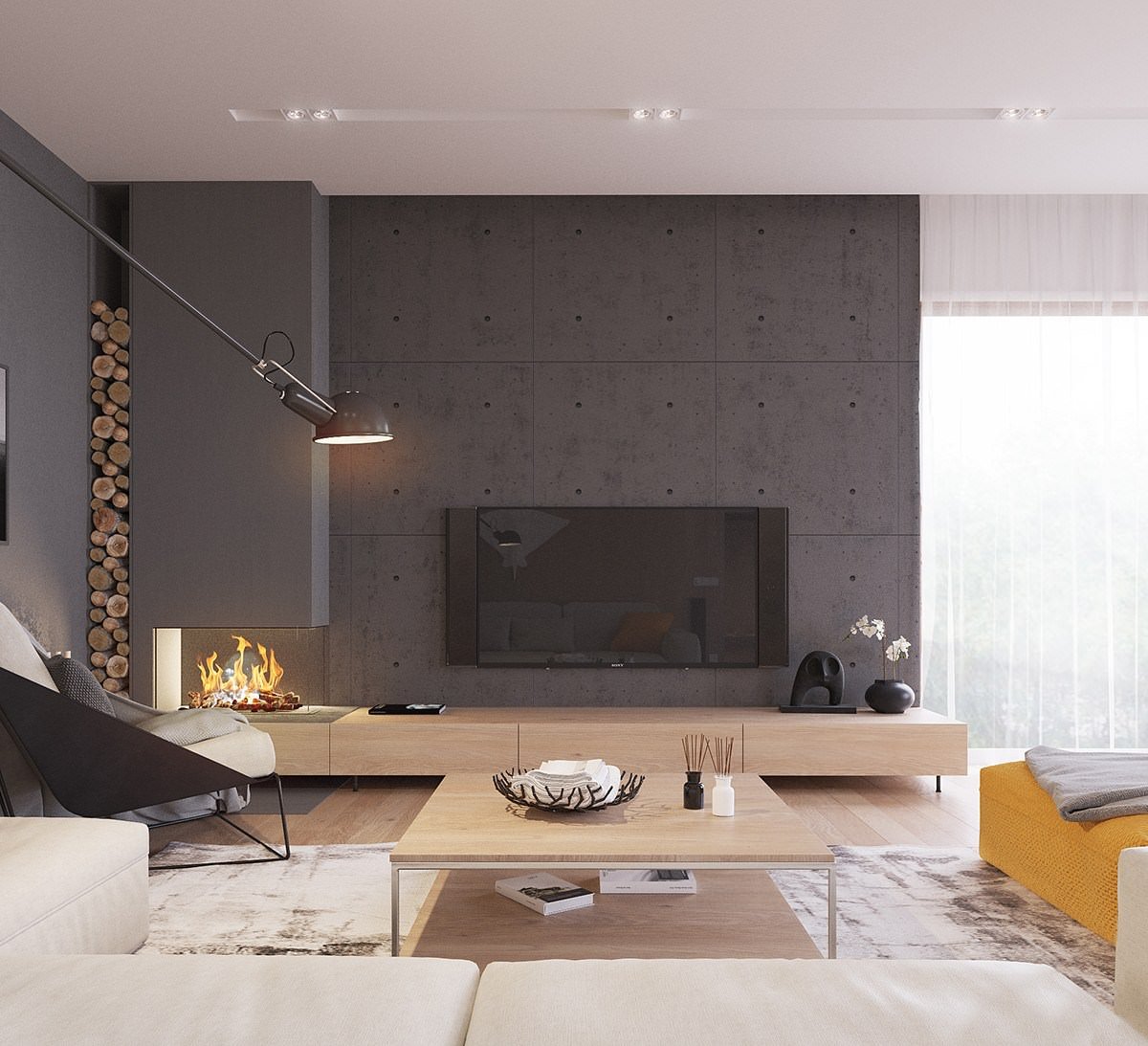 Design salotto scandinavo moderno con muro in cemento colorato che dà un tocco di stile industriale alla casa - idee arredamento soggiorno stile nordico