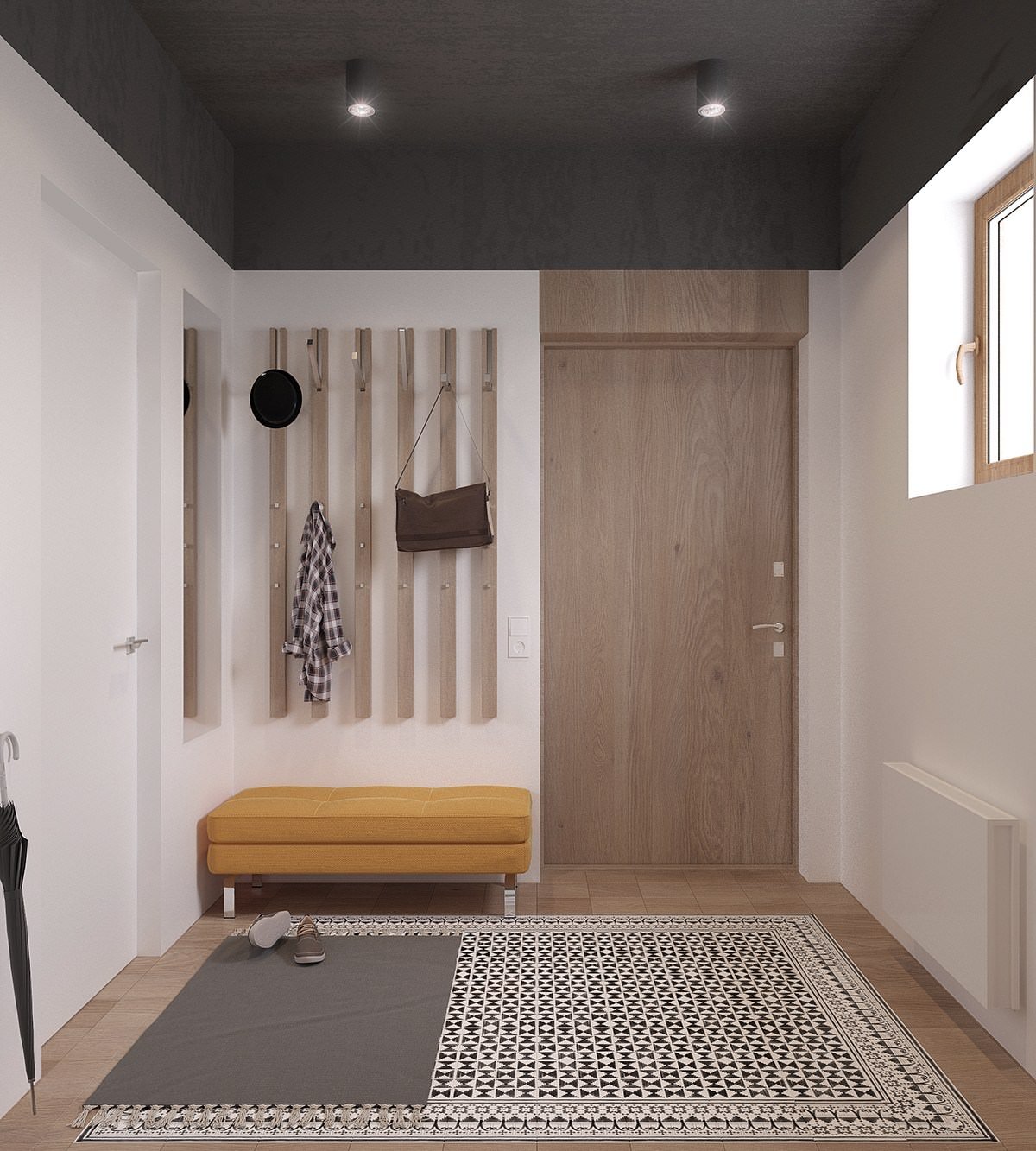 Ingresso casa con stupendo pavimento in mosaico bianco-nero e legno