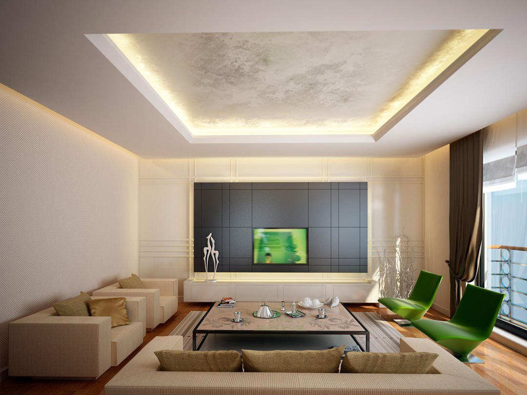 Salotto moderno con stupendo controsoffitto realizzato in cartongesso con un sistema d'illuminazione integrata diffusa creata con strisce LED