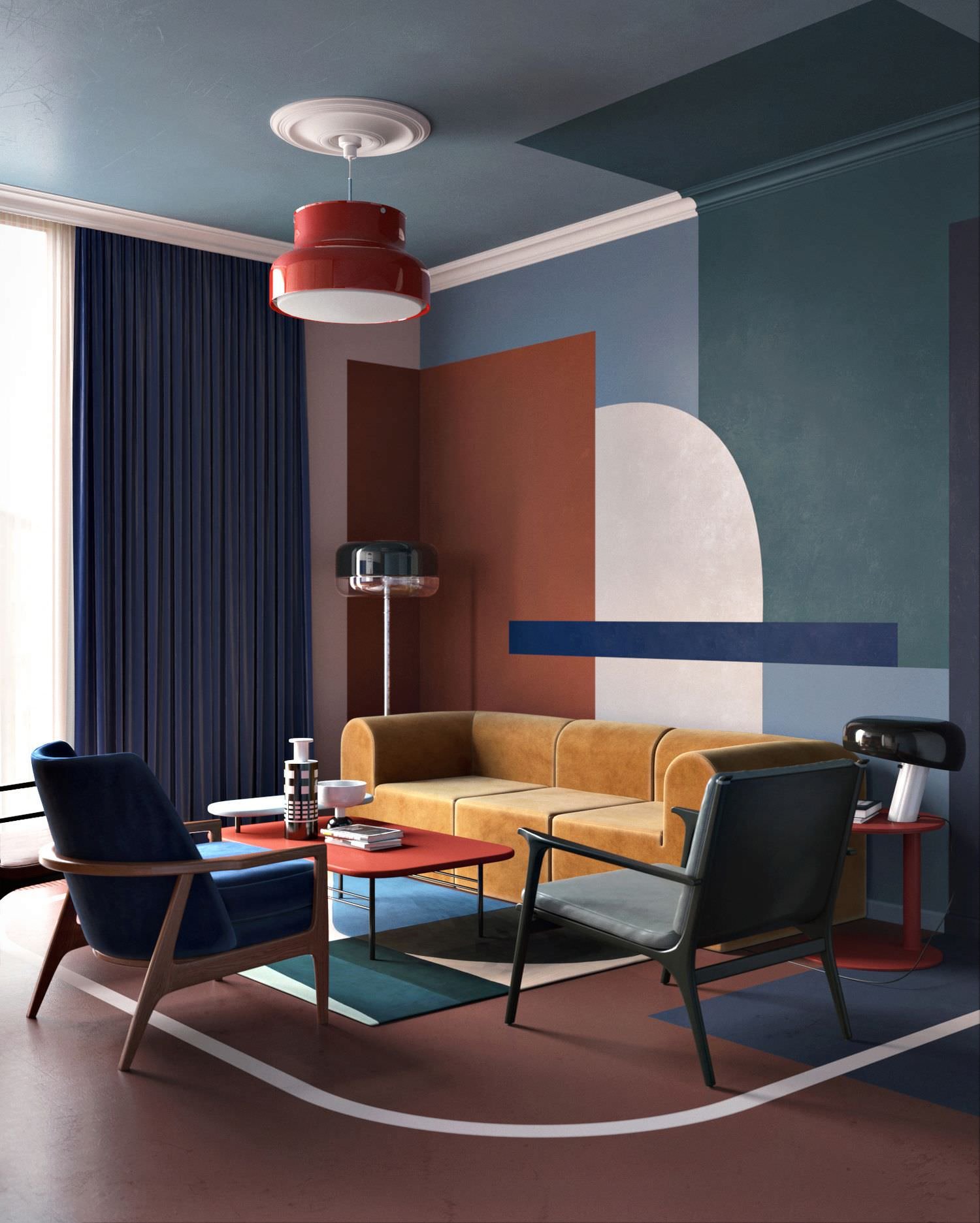 Soggiorno moderno con le pareti dipinte con un design particolare, intreccio di forme e colori - idee imbiancare salotto con pittura moderna e originale