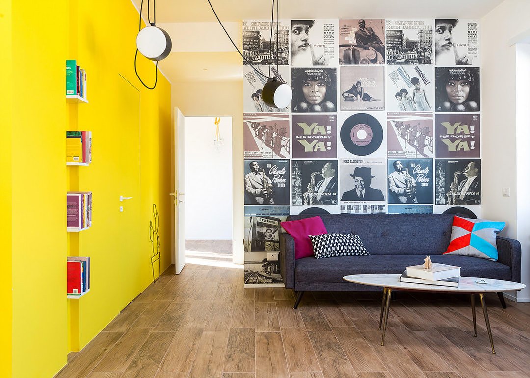 Design salotto minimal con la parete dipinta in giallo sole - Idee soggiorni contemporanei