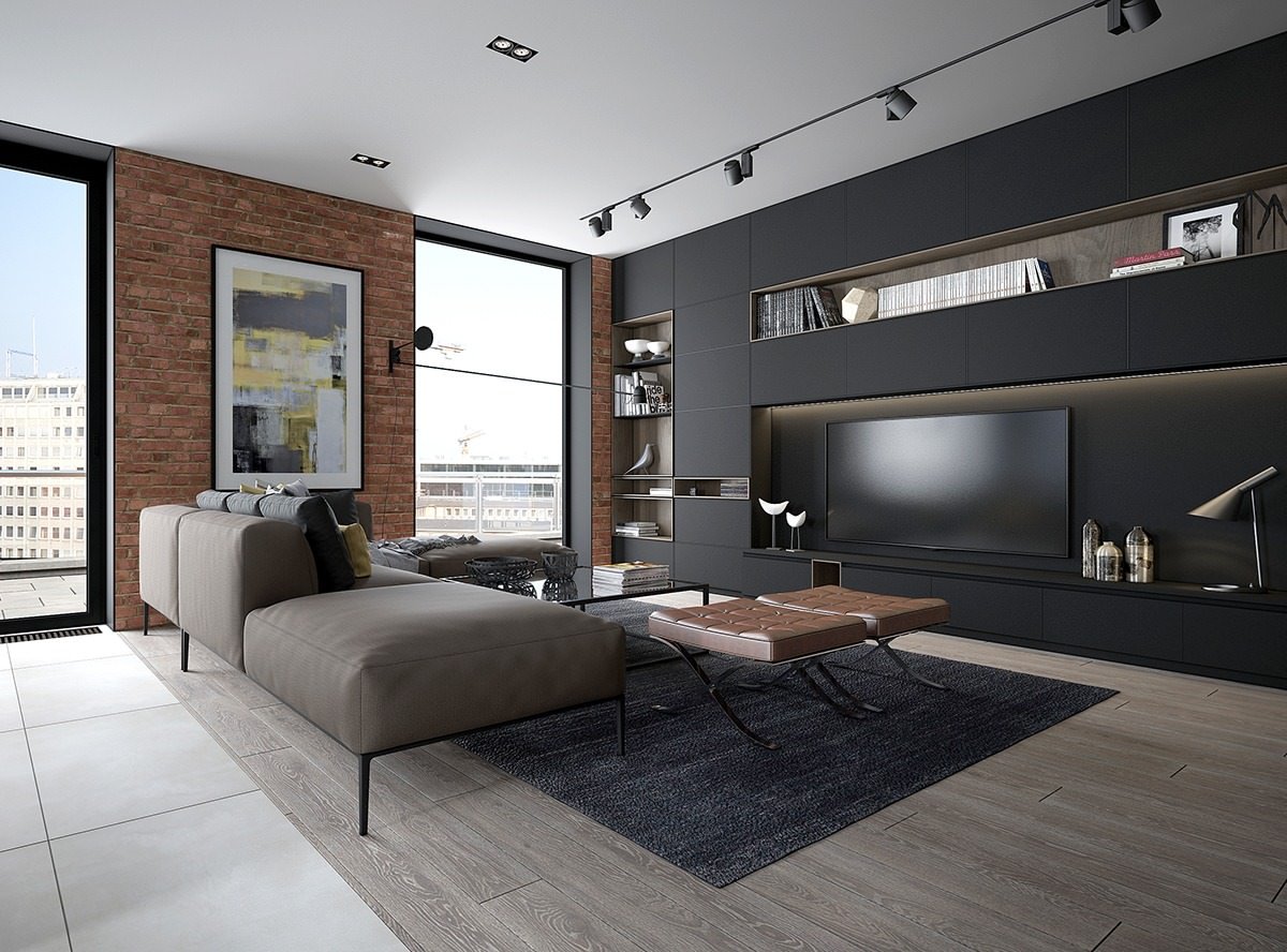 Soggiorno moderno industriale con divani grigi, sedie marroni, mobili neri e mattoni a vista